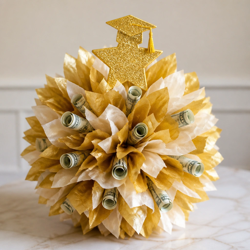 A round, fluffy pom-pom made from gold and cream tissue paper with scattered rolled bills tucked into the center, finished with a glittery graduation star topper.