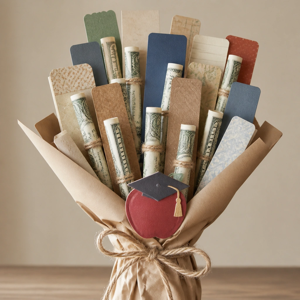 A bouquet of upright paper “bookmarks” with rolled bills as page markers, tied with twine and topped with a small paper apple and graduation cap.