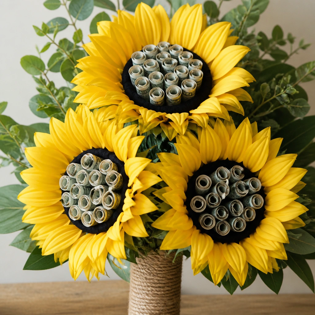 Bright yellow sunflower heads with black fabric centers, each center holding a rolled bill “seed” arrangement, with green leaves and a twine-wrapped handle.