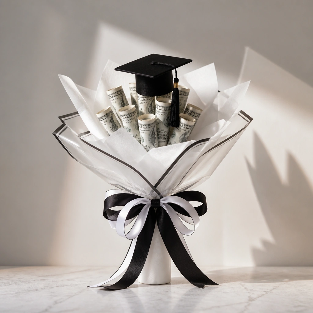 A minimalist bouquet with black and white ribbon loops, rolled bills wrapped in white tissue, and a single black graduation cap topper on a sleek white stem bundle.