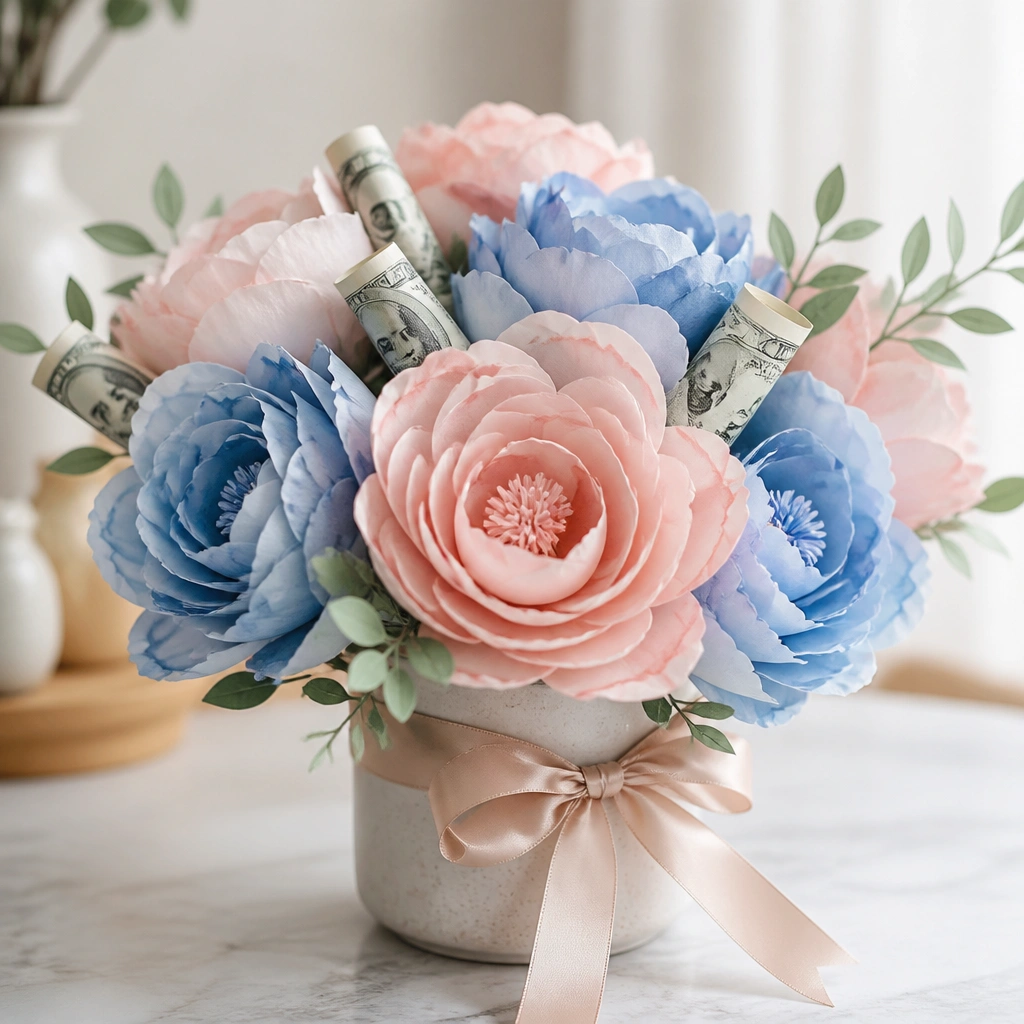 Watercolor-style paper flowers in blush and soft blue with rolled bills tucked behind layered petals, held in a small ceramic pot wrapped with ribbon.