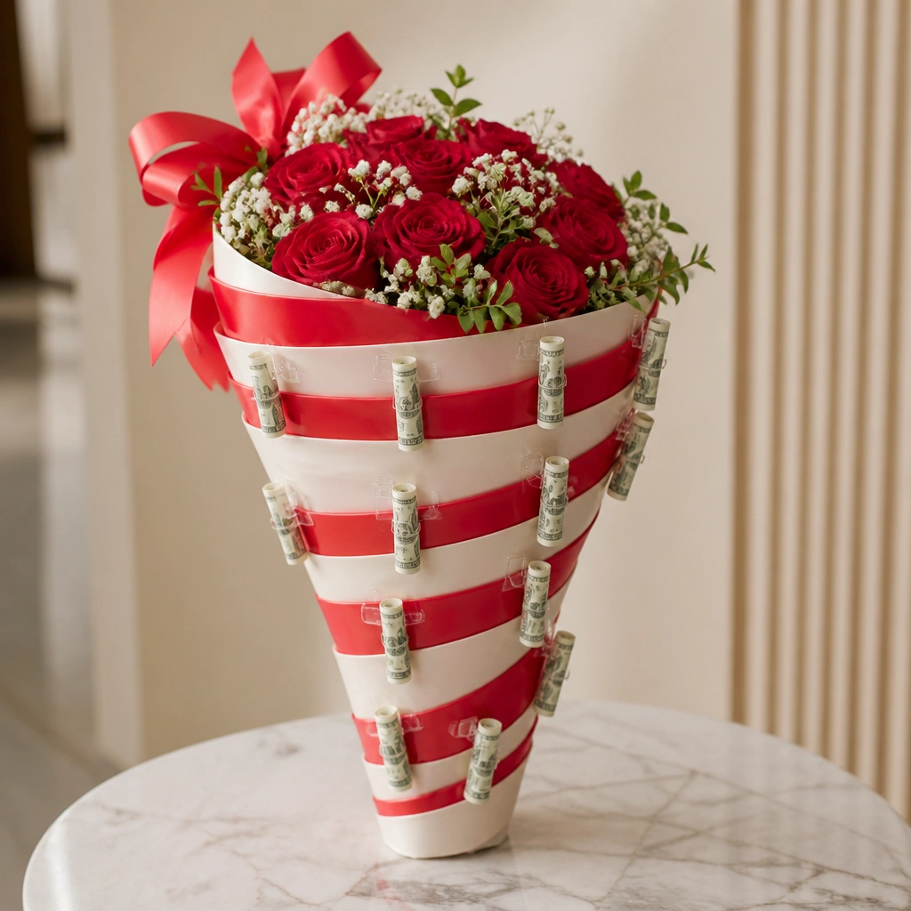 A bouquet wrapped in spiral candy-stripe ribbon (red and white), with rolled bills attached to each spiral segment using tiny clear clips, and a red bow at the top.