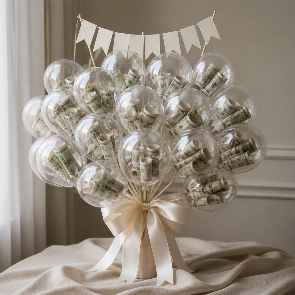 A bouquet of transparent balloon-style sleeves made from clear plastic with rolled bills inside, topped with a cardstock year banner and tied to a ribbon bouquet base.