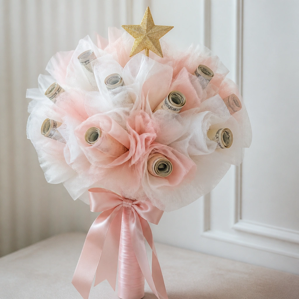 A fluffy bouquet of white and pale pink tulle swirls with small side pockets holding rolled bills, finished with a soft gold star topper and a satin ribbon wrap around the handle.
