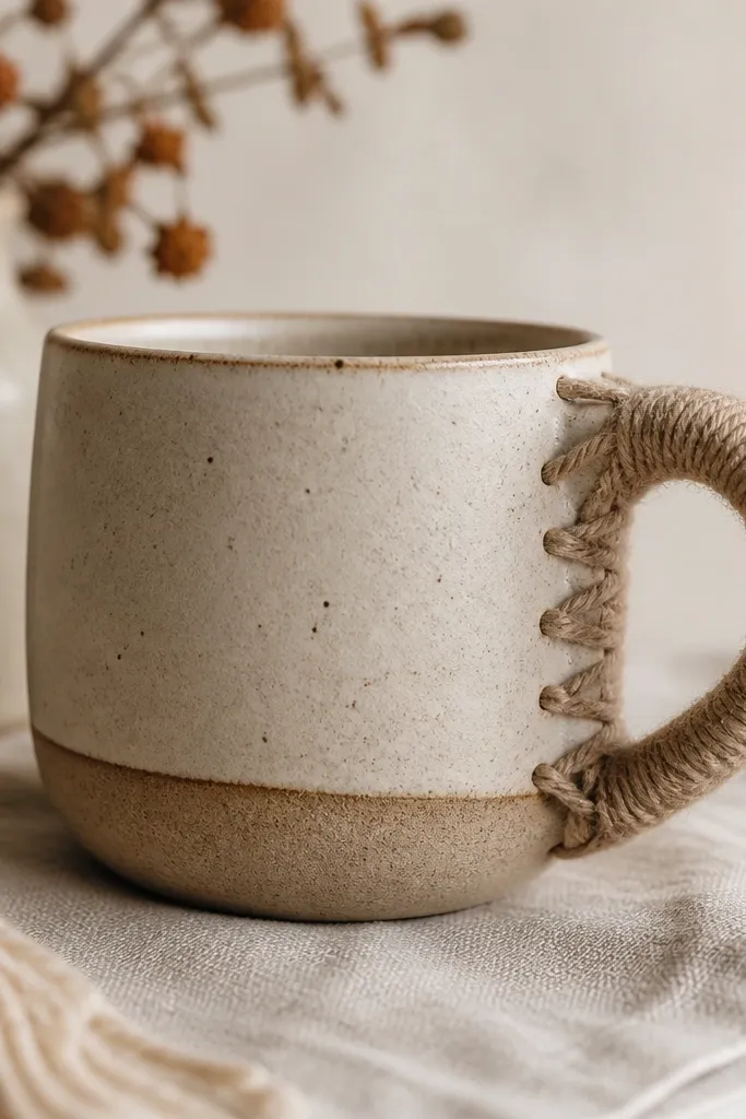 A mug with a rustic ceramic body has a chunky yarn wrap around the handle, with visible stitched-looking loops and a warm neutral color palette.