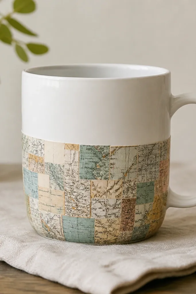 A ceramic mug decorated with tiny paper map scraps arranged like tiles on the lower half; the rest of the mug is left clean and white for contrast.
