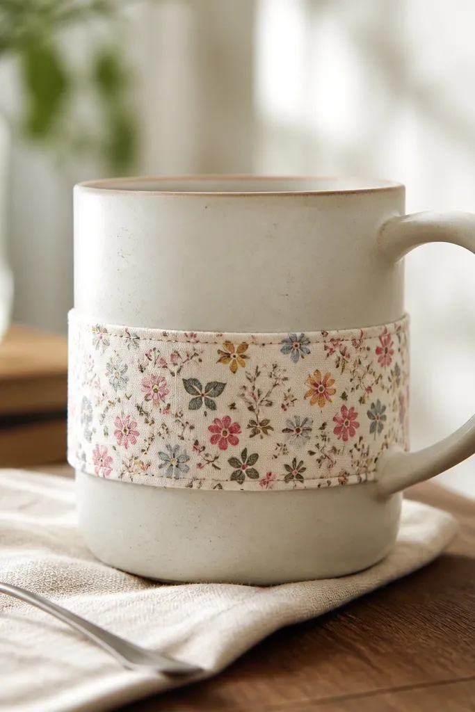A mug has a soft fabric band wrapped around just under the handle area; the fabric shows a small floral print with neat edges.