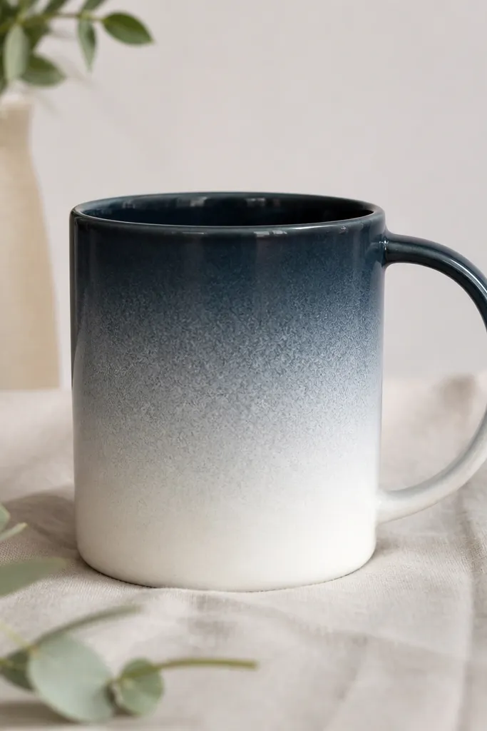 Three-color ombre ceramic mug with a smooth fade from dark to light; the handle has a matching thin paint stripe.