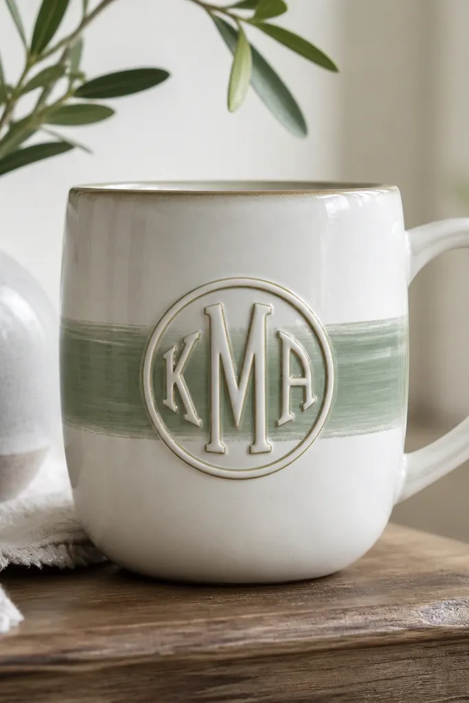 A mug with a crisp vinyl monogram band across the middle; the letters are raised-looking and centered above a subtle painted stripe.