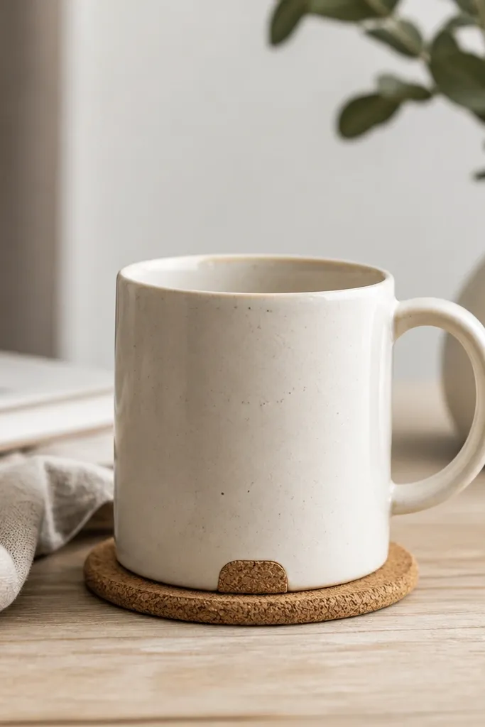 A ceramic mug with a small cork patch adhered to the bottom edge; the mug sits on a matching mini cork coaster.