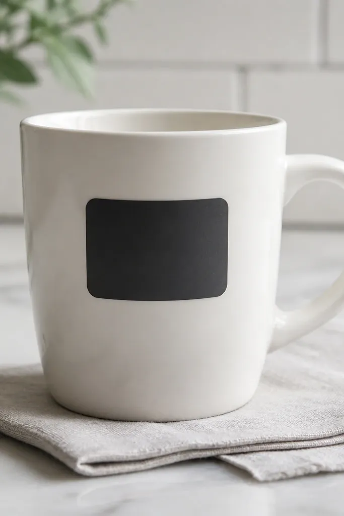 A mug with a small matte label rectangle on the side, written in chalk-pen style; the rest is plain ceramic.
