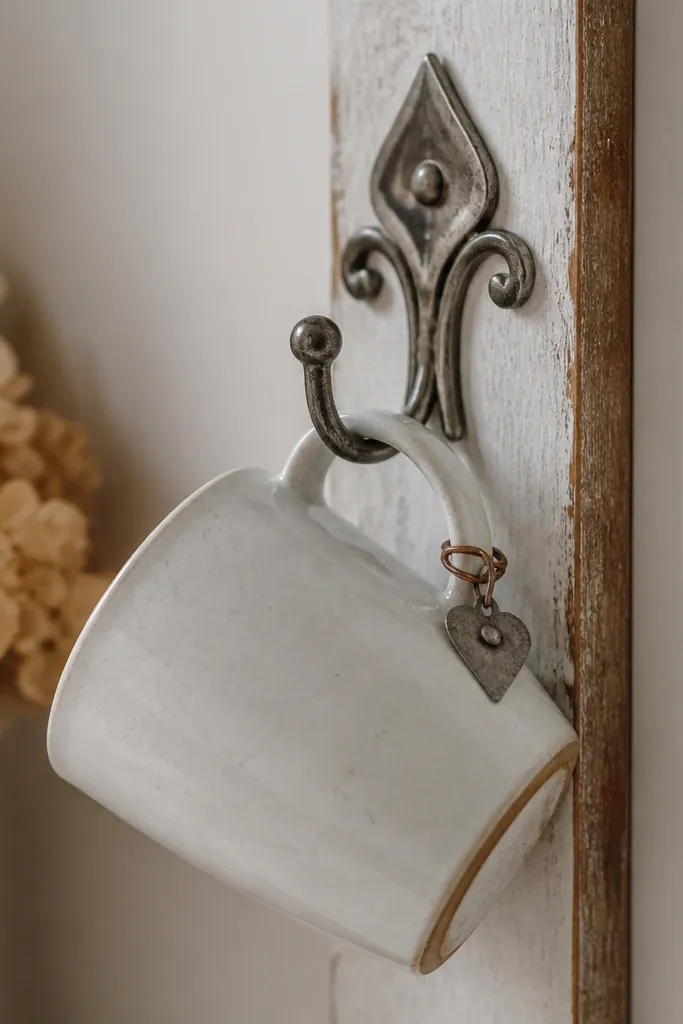 A mug hung on a decorative tin hook with a small riveted charm next to the handle; the hook is mounted on a narrow board.