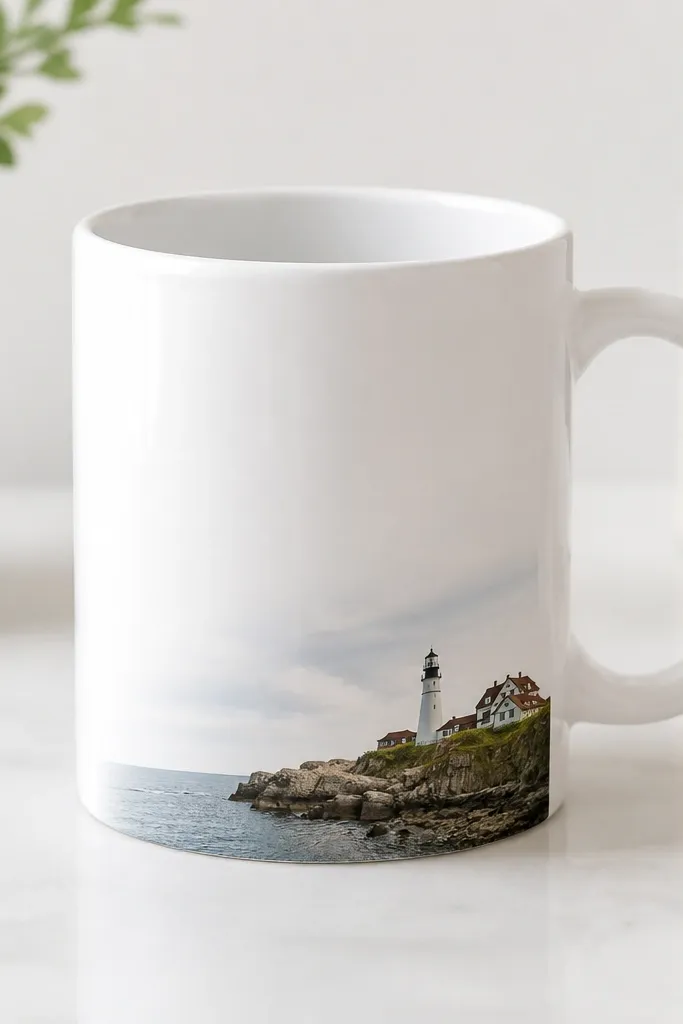 A mug with a single small photo-style image printed on the lower half; the background is clean and the image looks crisp and glossy.