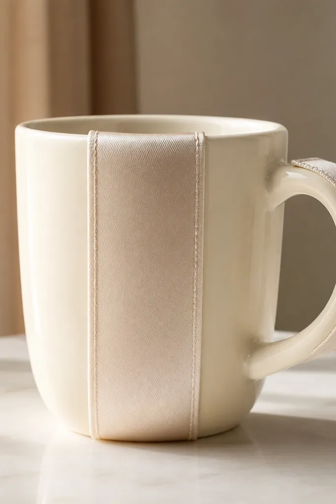 A cream mug with a thick vertical ribbon band down the front and a matching trim wrapped around the handle area; the ribbon edges look neatly sealed and slightly glossy.