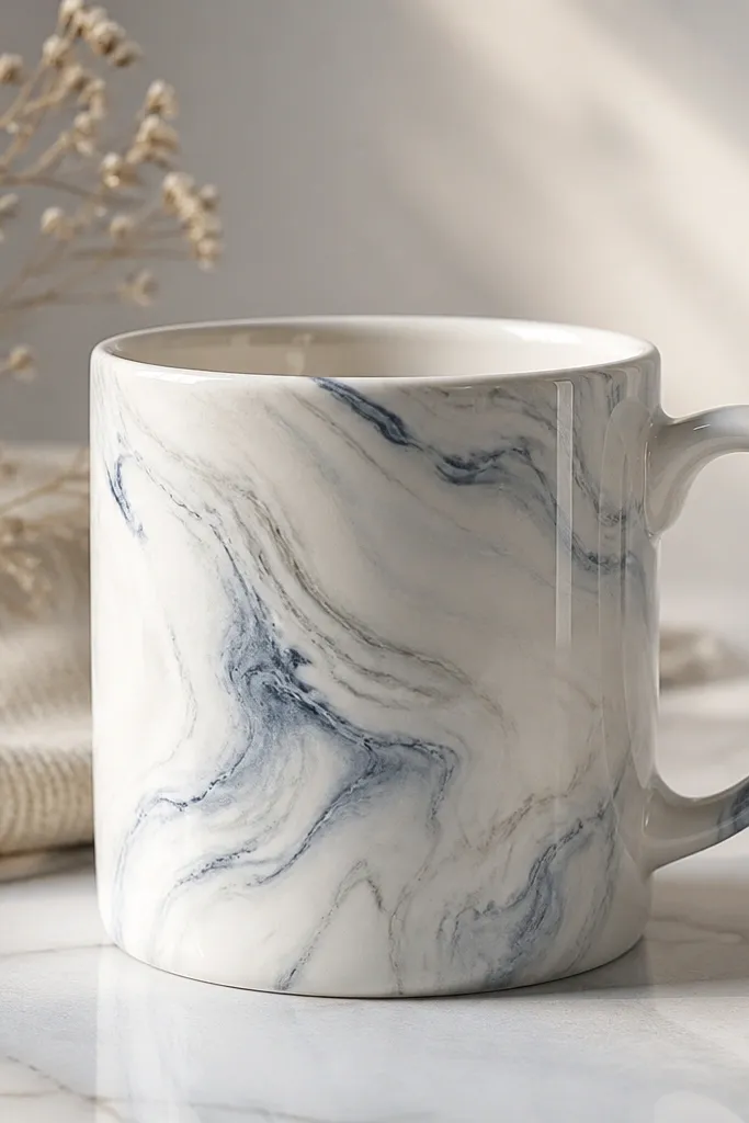 A white mug with swirled gray and soft blue marble veining, blended smoothly like stone; the pattern is centered and clean with a glossy top coat.