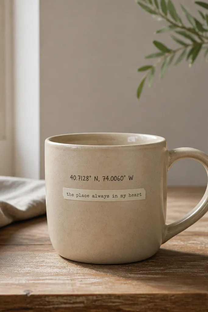 A beige mug with small hand-painted coordinates near the top and a mini label strip like a chocolate bar wrapper; the text looks intentional and centered.