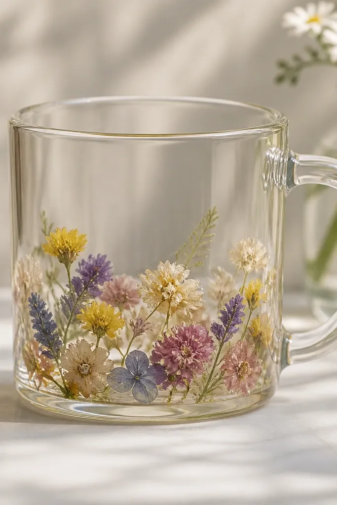 A clear-glossy mug showing pressed flowers inside a translucent resin-like layer, with petals visible through the finish; the flowers are clustered near the base.