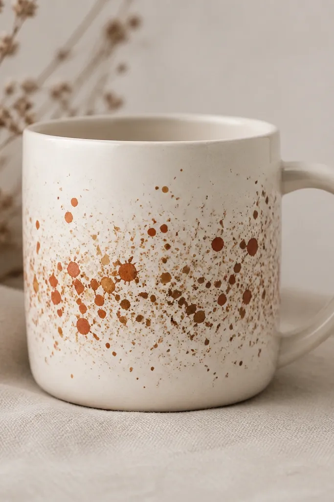 A white mug with controlled splatter dots and splashes in terracotta, warm brown, and cream; the splatter is concentrated around the middle section.