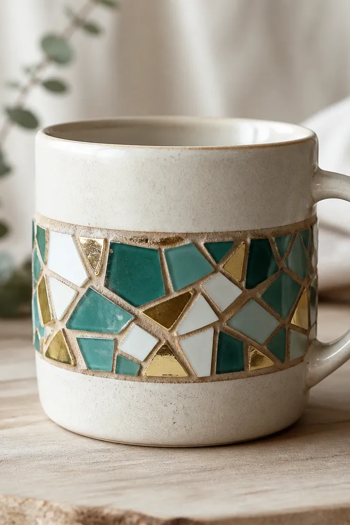 A mug with a mosaic band made of small broken ceramic tile pieces in teal, white, and gold; grout lines look tidy and the band wraps neatly around the mug.