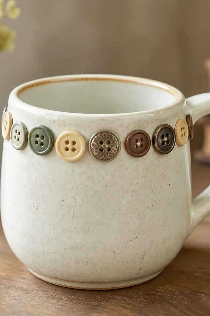 A mug with a row of mismatched vintage buttons forming a decorative border along the upper rim area; the buttons are arranged in a repeating pattern and look securely glued.