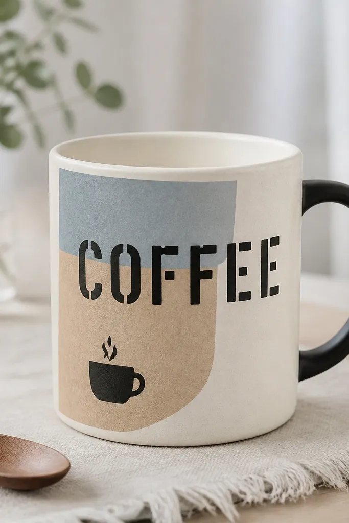 A mug with stenciled words like “COFFEE” and a small icon, plus soft color blocks behind the text; edges are crisp and the color looks matte.