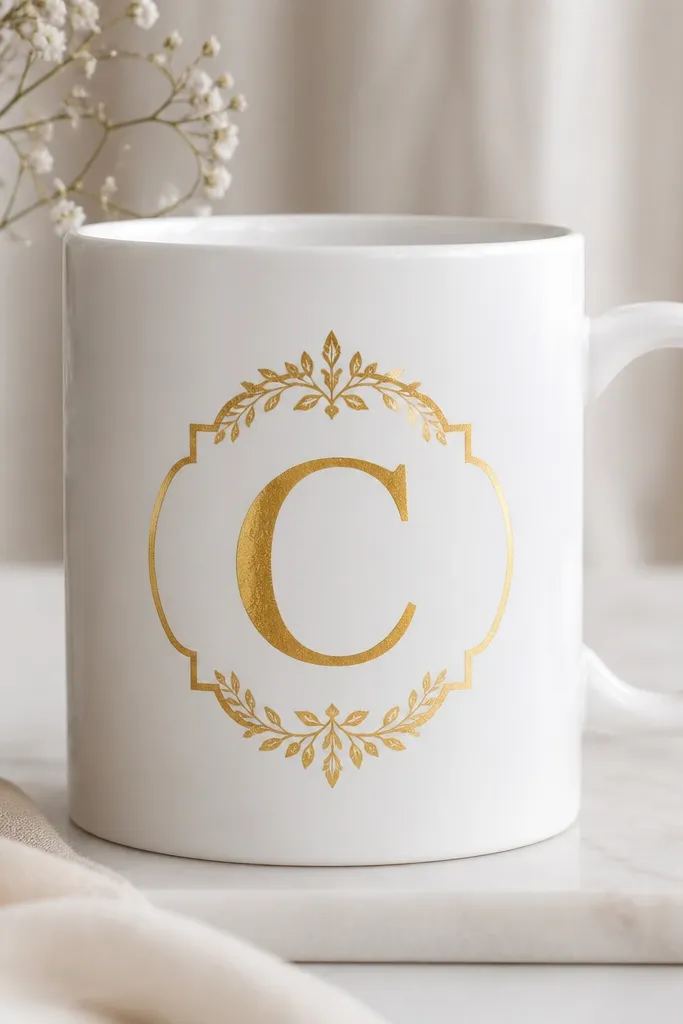 A white mug with a centered gold-leaf monogram inside a thin decorative frame; the gold looks metallic with subtle texture and a sealed shine.