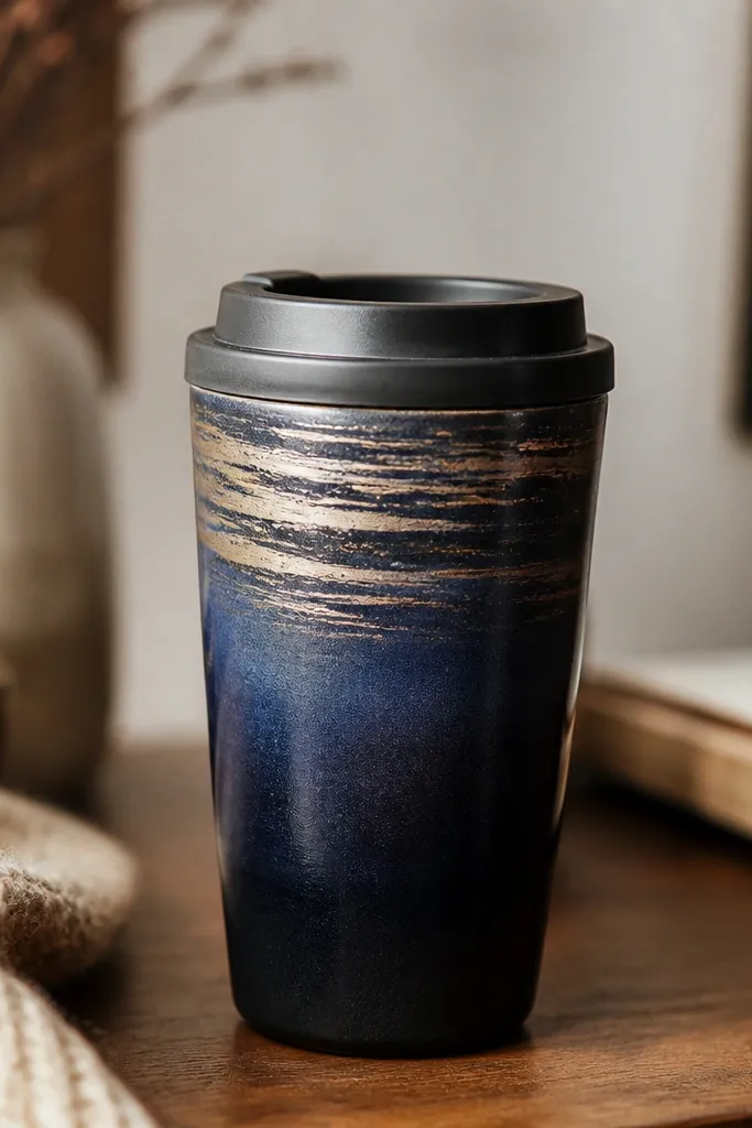 A dark indigo ceramic travel mug with a soft ombré gradient that fades into navy, finished with uneven gold brush-stroke lines near the top. A black lid sits centered, and the mug is photographed in warm indoor lighting.