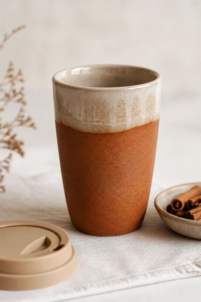 A warm terra-cotta ceramic travel mug with visible reddish-brown clay tones around the lower half and a clear glossy glaze “crown” around the rim area. The lid is a warm tan color, shown next to a small dish of cinnamon sticks.