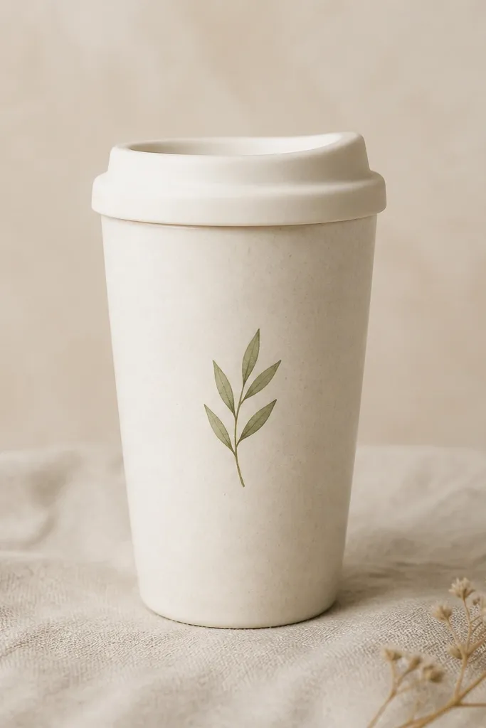 A linen-white handmade ceramic travel mug with a small, simple green leaf illustration near the center. The lid is matte off-white, and the mug is styled on a neutral beige background.