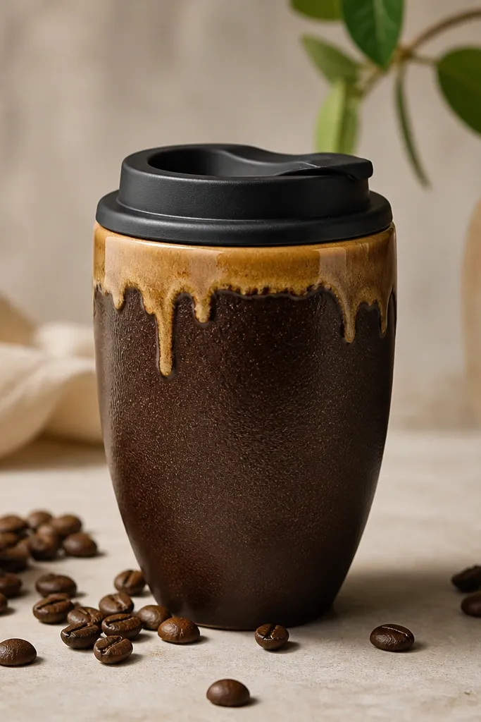 A dark roasted coffee-brown ceramic travel mug with a caramel-colored glaze drip border around the top edge. The lid is black, and coffee beans are scattered in the styling.