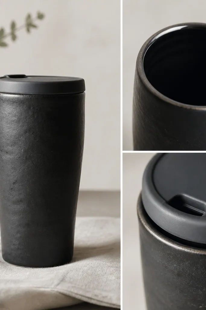 A black stoneware handmade ceramic travel mug with a matte exterior and a glossy interior visible through the open top. The lid is fitted and dark gray, with a close-up showing the rim transition.