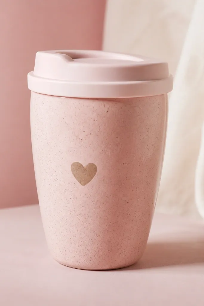 A blush pink ceramic travel mug with fine speckles and a small heart-shaped patch near the front. The lid is pale pink and the mug is photographed against a pink-and-cream background.