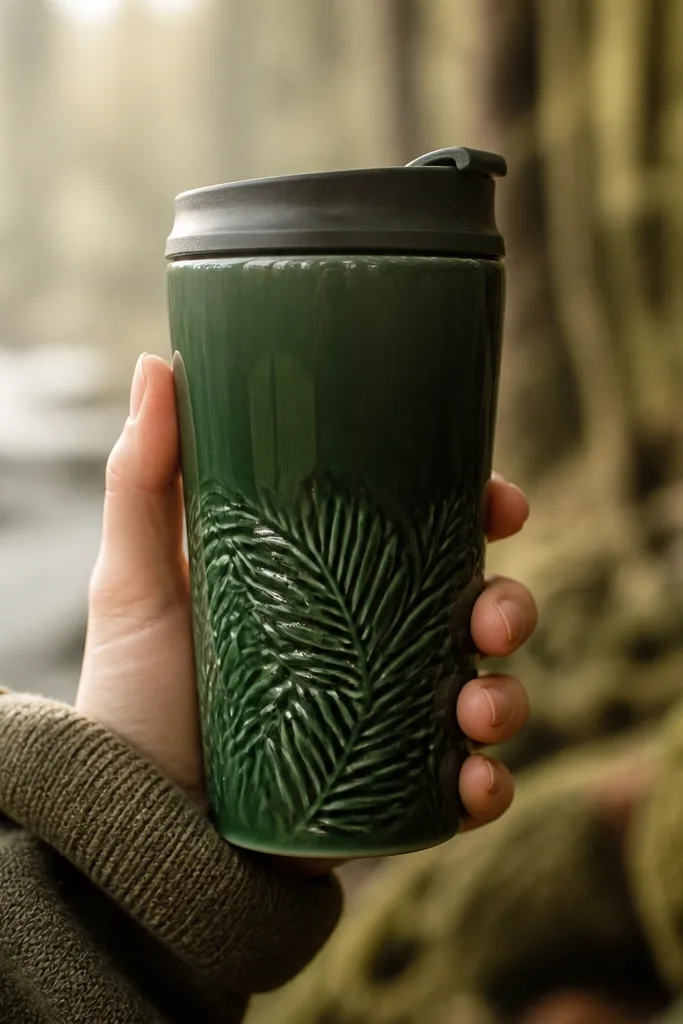 A forest green ceramic travel mug with carved leaf texture wrapping around the lower grip area. The lid is a dark olive color, and the mug is shown with a hand holding it in the photo.