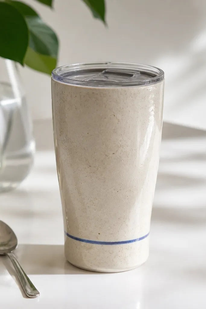 A cream-colored handmade ceramic travel mug with a crisp thin cobalt-blue ring near the bottom. The lid is clear or translucent, and the mug is styled on a white countertop with a spoon nearby.