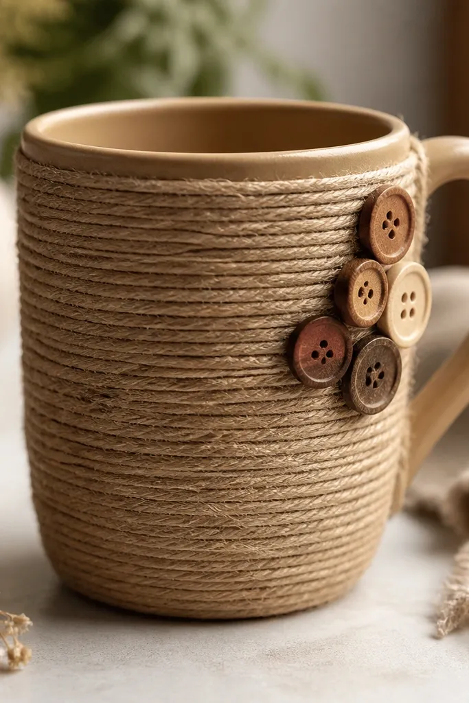 A tan mug wrapped in a spiral of natural twine, with small mismatched wooden buttons clustered near the handle; the twine strands are tight and evenly spaced.