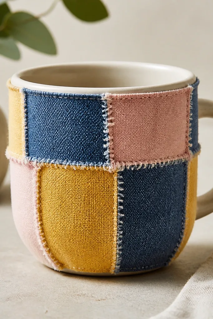 A mug with patchwork squares of fabric bonded to the surface, showing denim blue, mustard yellow, and blush pink blocks; edges are slightly frayed for a handmade look.