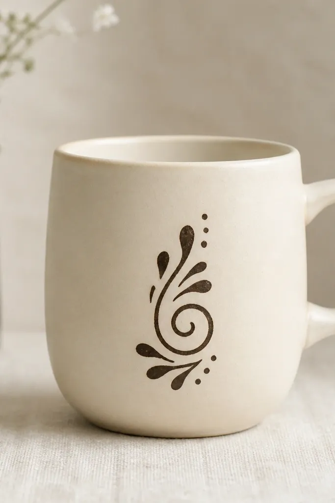 A cream mug with a single dark-brown stencil swirl on the front, plus tiny dot accents; the rest of the mug stays unpainted for a clean minimal look.