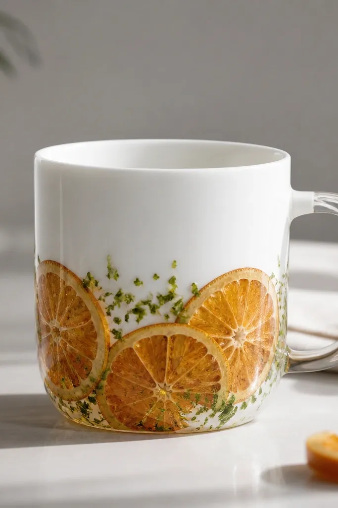A clear-coated mug with embedded dried orange slices and lime zest fragments inside a glossy resin layer, concentrated around the lower half; the rest of the mug is white and clean.
