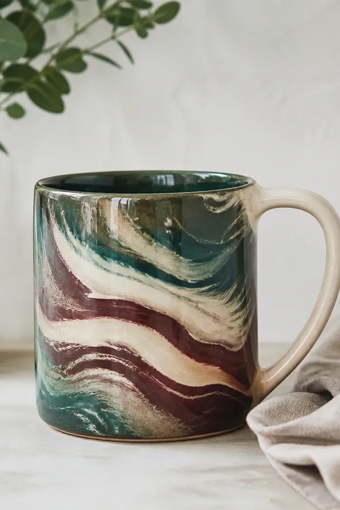 A mug with dramatic marbled bands in teal, cream, and deep burgundy, with feathered edges and glossy finish; the handle is partially left plain for contrast.