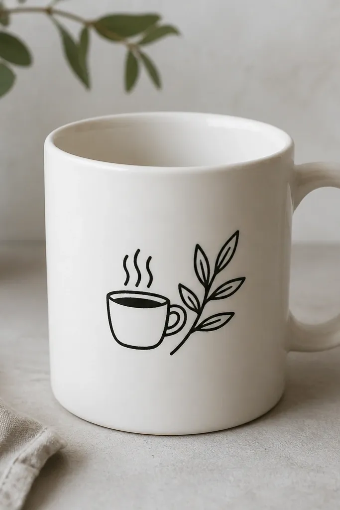 A white mug with small black line art of a steaming cup and a simple leaf sprig, drawn with a paint pen; the lines look clean and slightly raised from the pen texture.