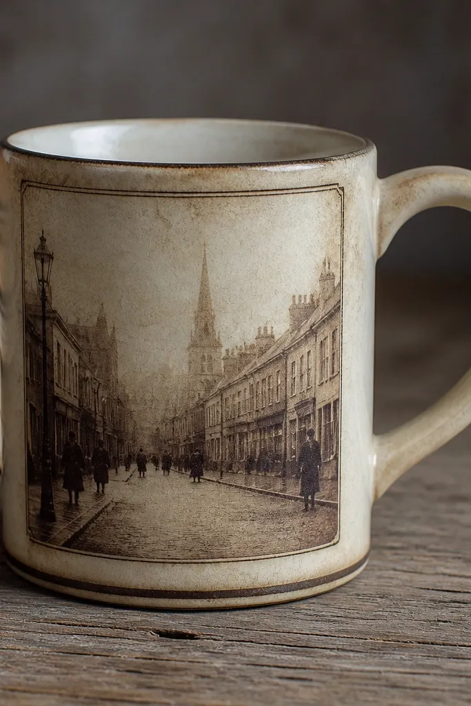 A mug with a faded sepia photo transfer of a street scene, framed by a subtle dark border; the mug looks like an antique postcard.