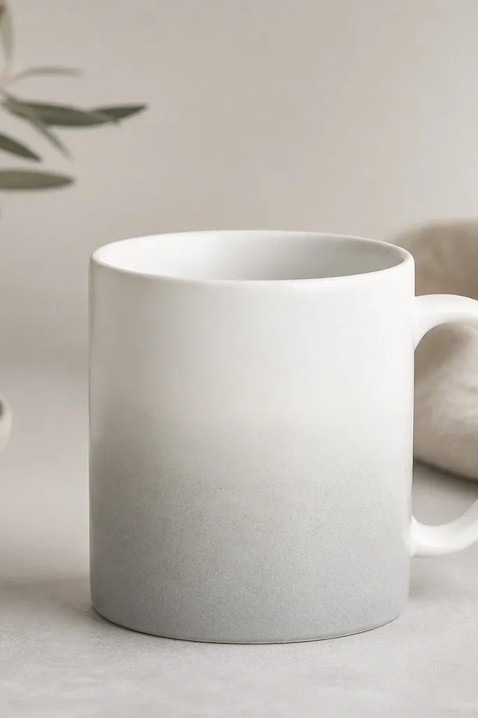 A white mug with a top-to-bottom ombre fade into a very light gray gradient, concentrated around the lower half; the handle remains mostly white.