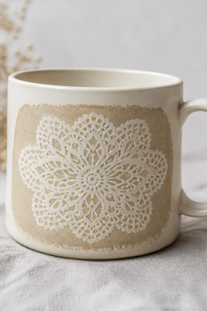 A cream mug with a lace pattern pressed into a painted layer, leaving crisp white negative space; the lace motif sits centered on the front.