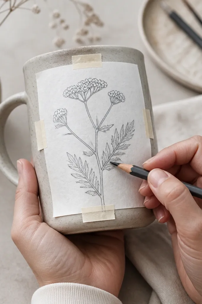 A printed botanical sketch placed on the mug with tape holding it in place, and a pencil rubbing over the lines to transfer the outline.
