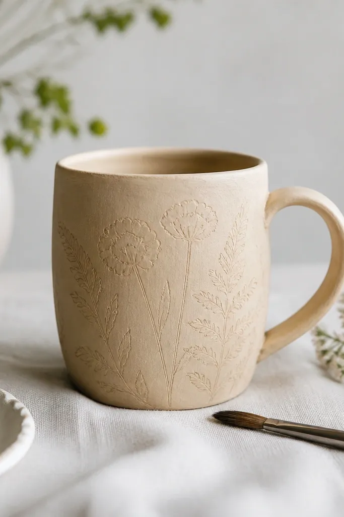 The mug coated in a warm beige “oat” paint, with brush strokes visible but the botanical outline still seen underneath.