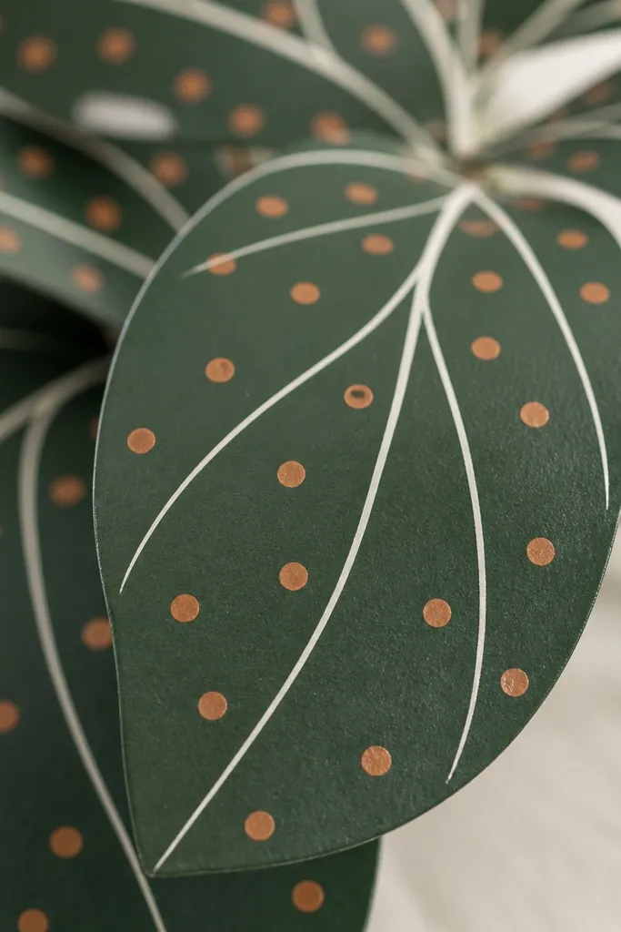 Close-up of painted leaves in deep green with small terracotta dots, showing sharp edges around the transferred lines.
