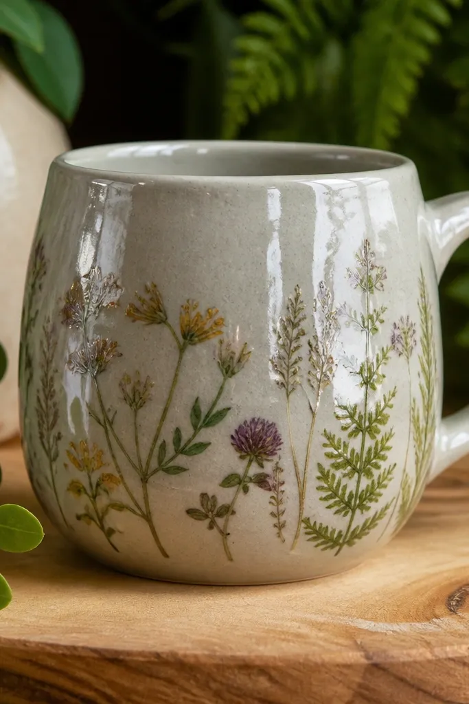 The mug after a shiny clear coat, reflecting light like a wet finish, with the botanical design visible under the gloss.
