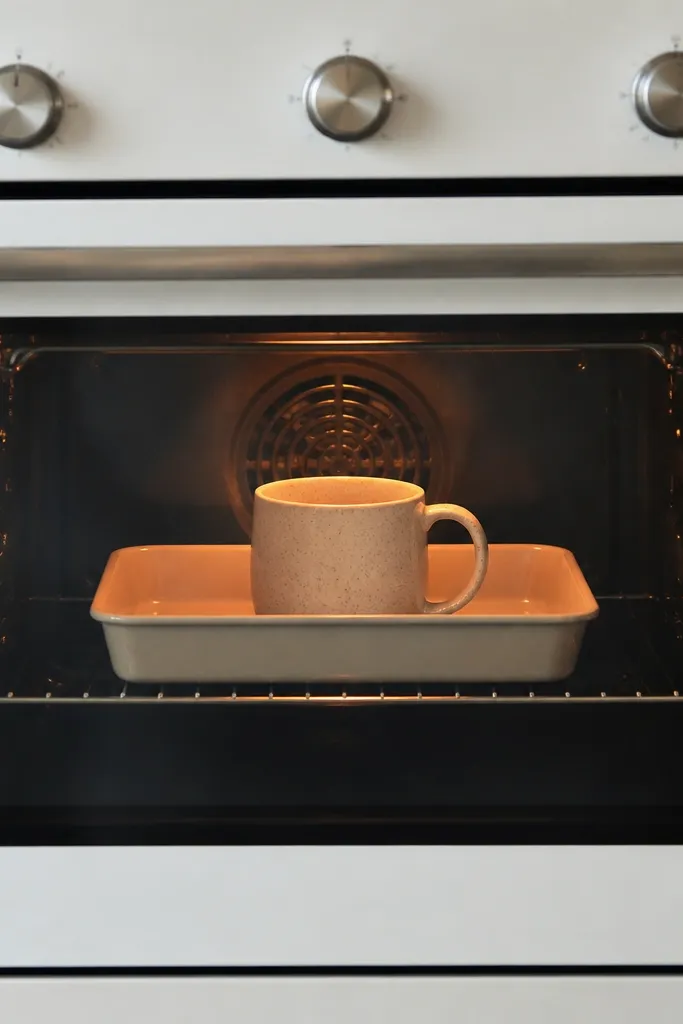 The mug placed in an oven-safe tray in a kitchen oven, with the door closed and a timer set (no flame, just baking).