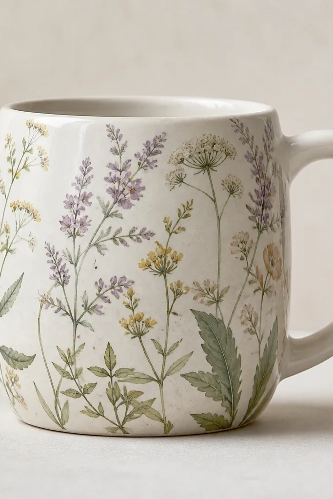 The finished mug photographed front-on on a neutral background, showing the botanical design under a clear glossy finish with even coverage.