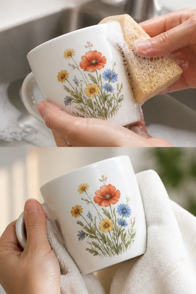 A mug in a sink with a soft sponge and gentle soap, followed by a towel drying shot with the design still sharp.